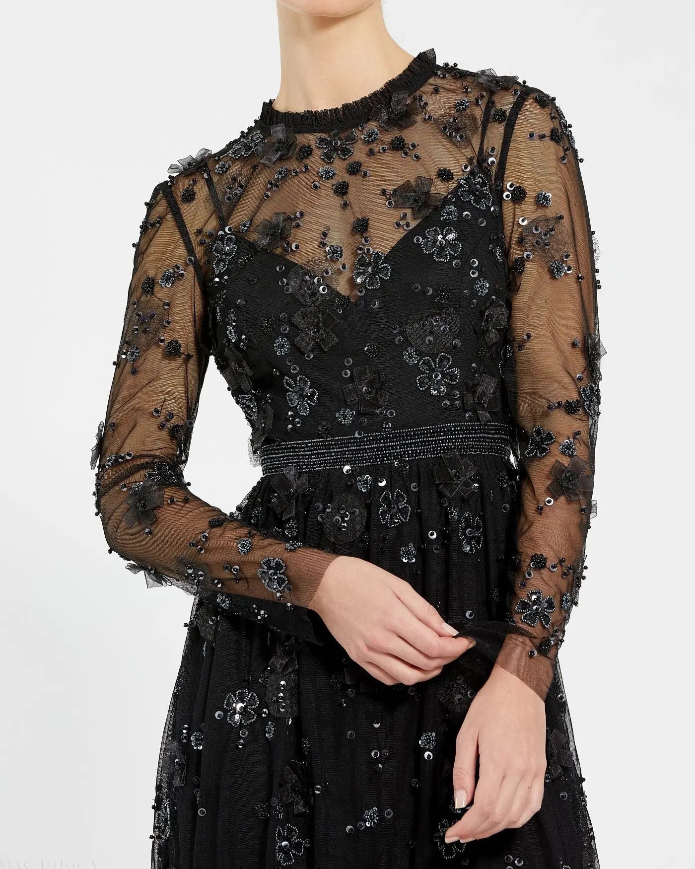 Black Sheer Long Sleeve Embellished Mini Dress