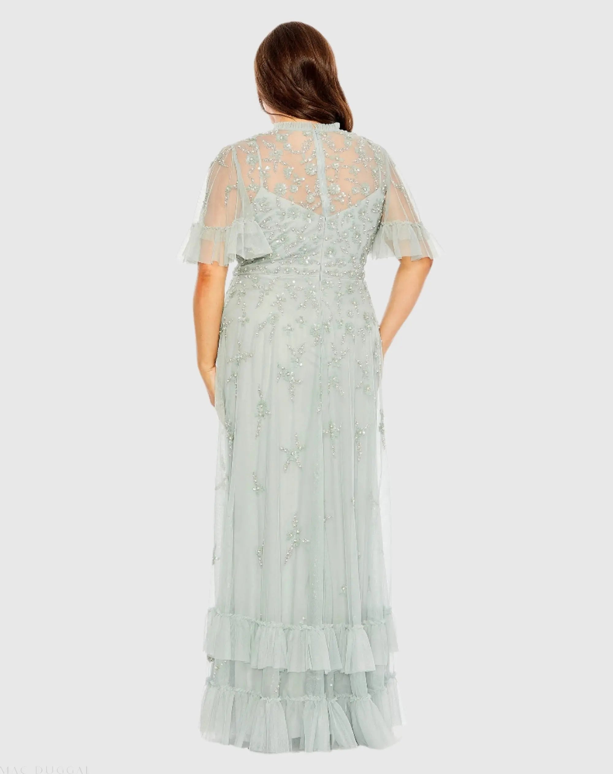Green Embellished Flutter Sleeve Ruffle Tiered Gown