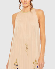 Beige High Neck Floral Embellished Trapeze Gown