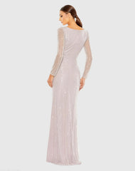 Purple Sequined Faux Wrap Long Sleeve Gown