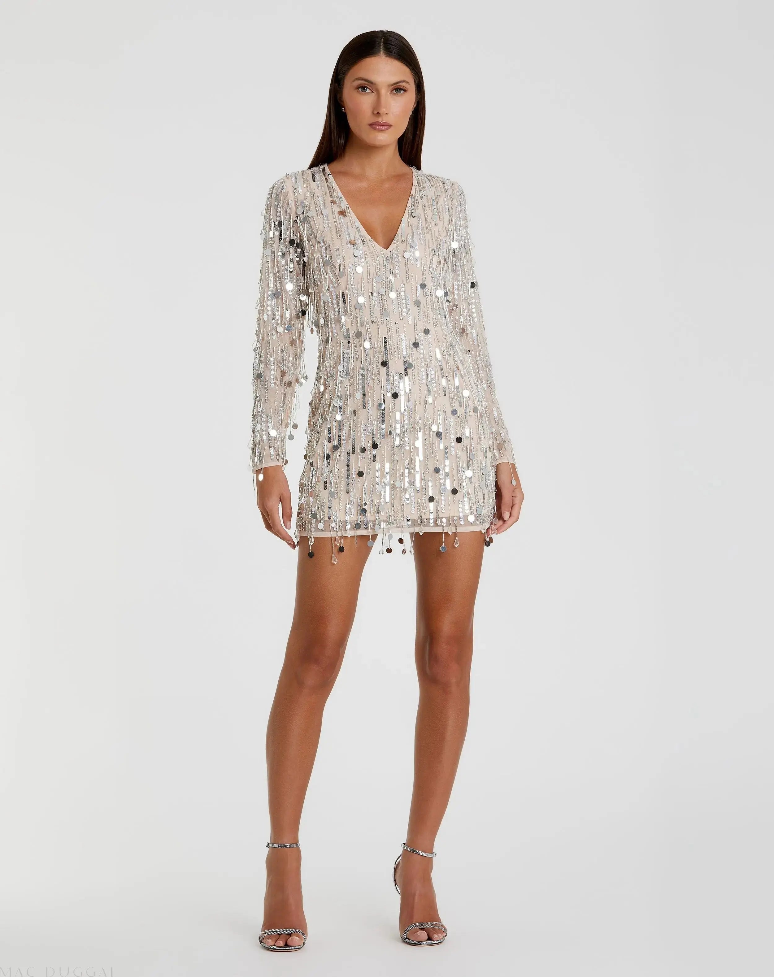 Long Sleeve Beaded Fringe Plunge Neck Dress