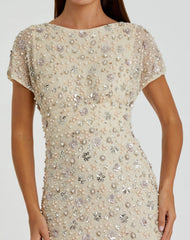 Ivory Floral Embellished Mesh Fitted Column Gown