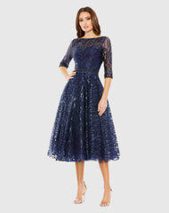 Navy Embellished 3/4 Sleeve A Line Dress
