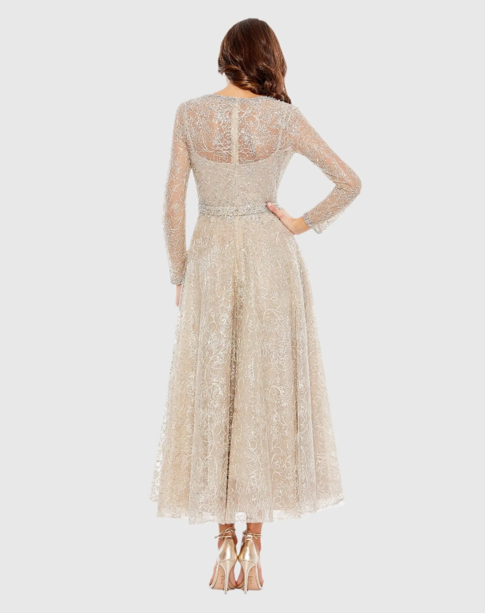 Nude Embellished Wrap Over Long Sleeve Midi Dress