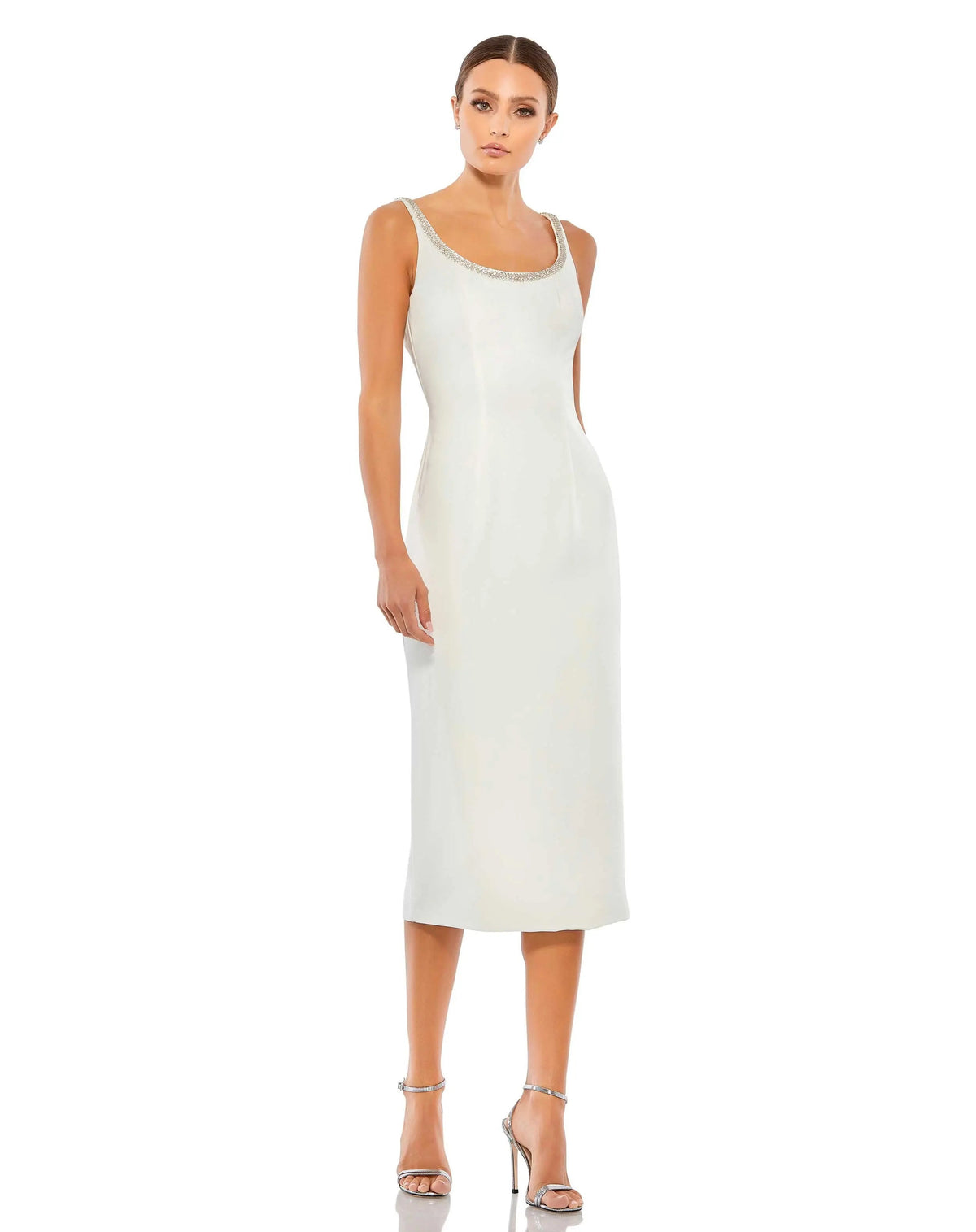 White Jeweled Scoop Neck Fitted Midi Dress