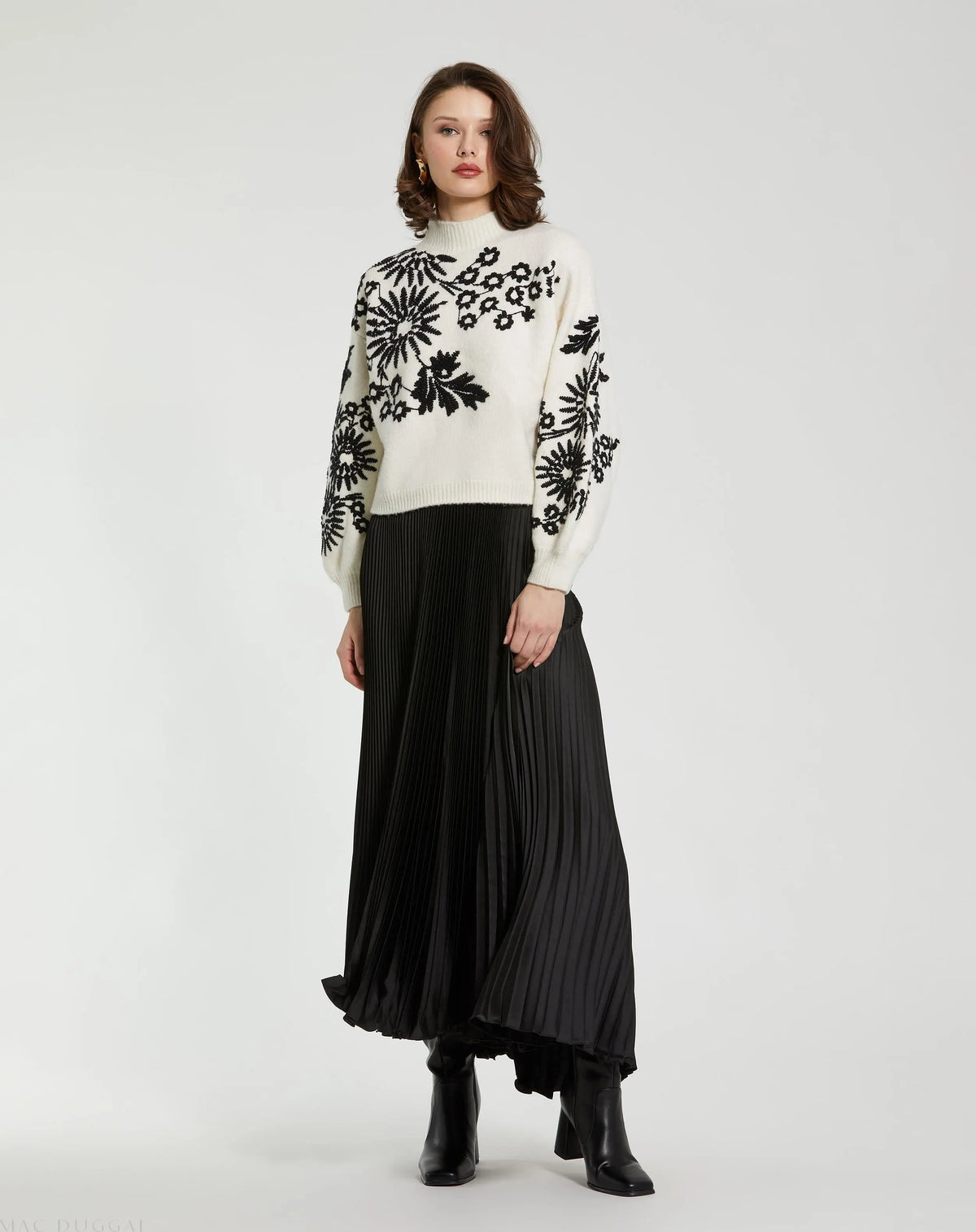 White Balloon Sleeve Cropped Mock Neck Knit Sweater
