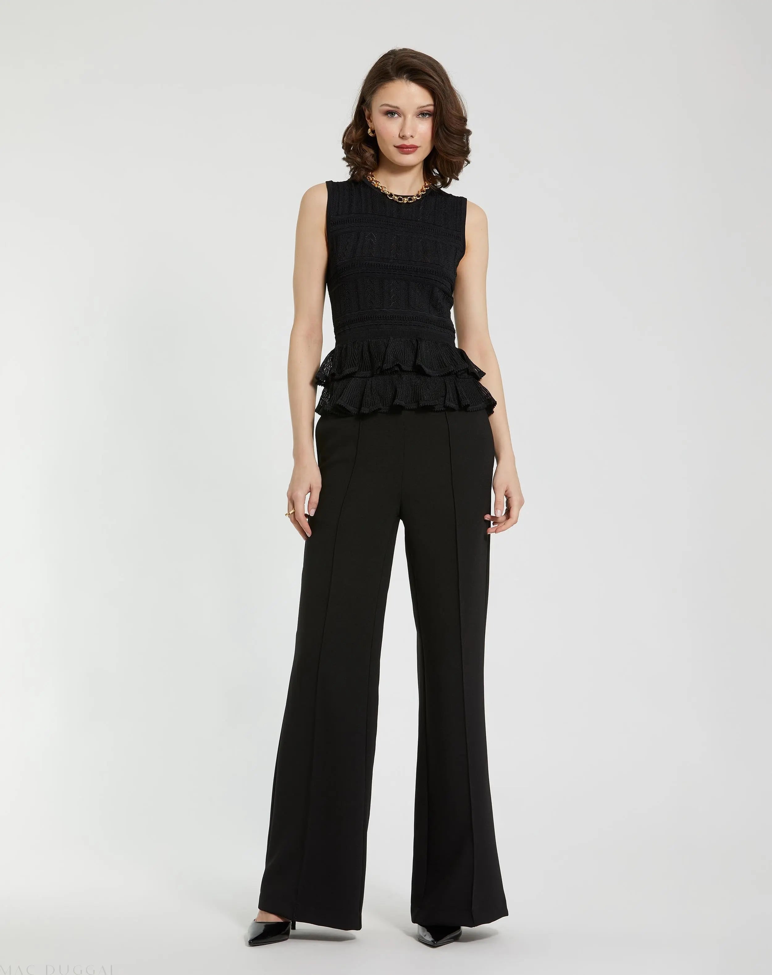 Black Sleeveless High Neck Knit Top With Ruffle Hem - FINAL SALE