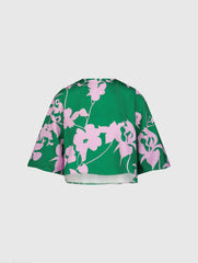 Green Printed Crepe 3/4 Bell Sleeve High Neck Top - FINAL SALE